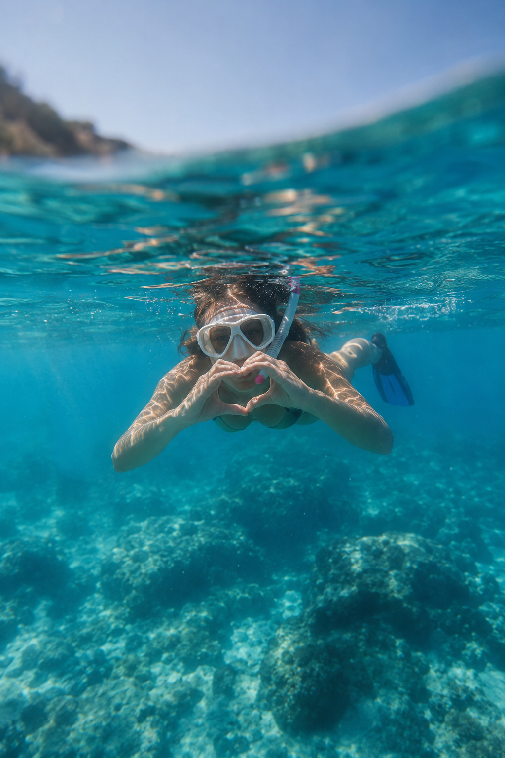 Snorkeler making a heart shape underwater over the reef