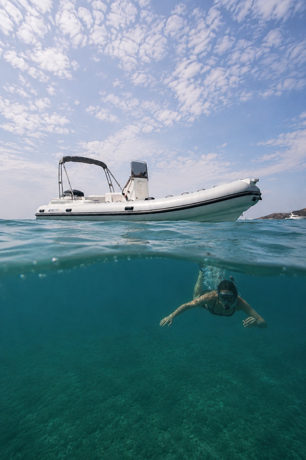 Swimmer beside the anchored RIB in clear water