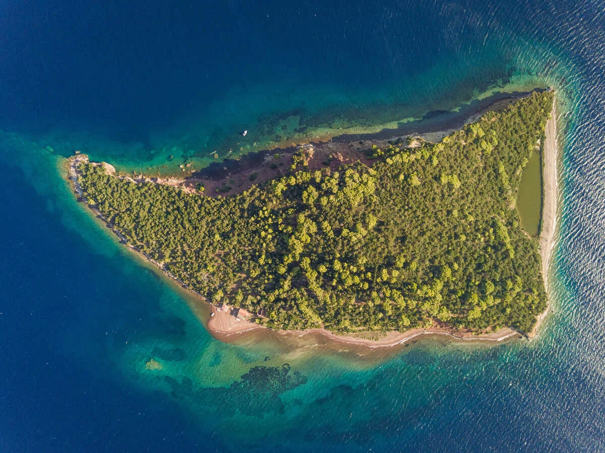 Aerial view of Trizonia island, Gulf of Corinth, Greece