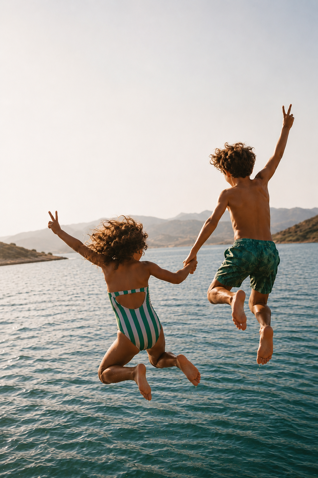 Two kids holding hands jumping off the boat into the sea