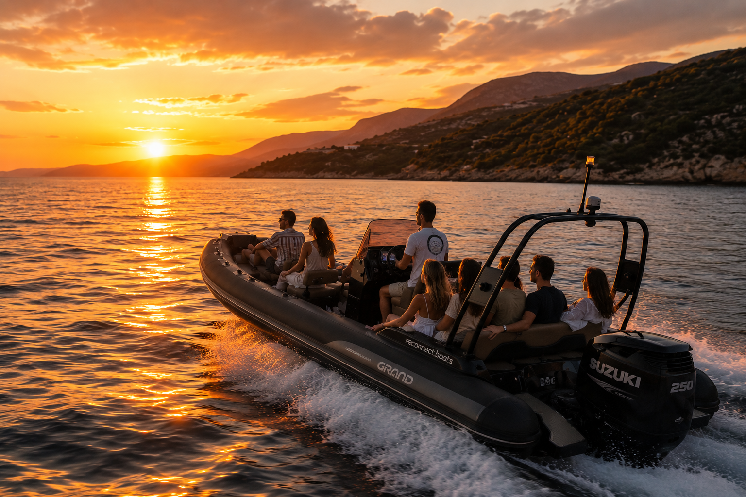 Re:Connect RIB cruising the Gulf of Corinth at sunset with guests on board