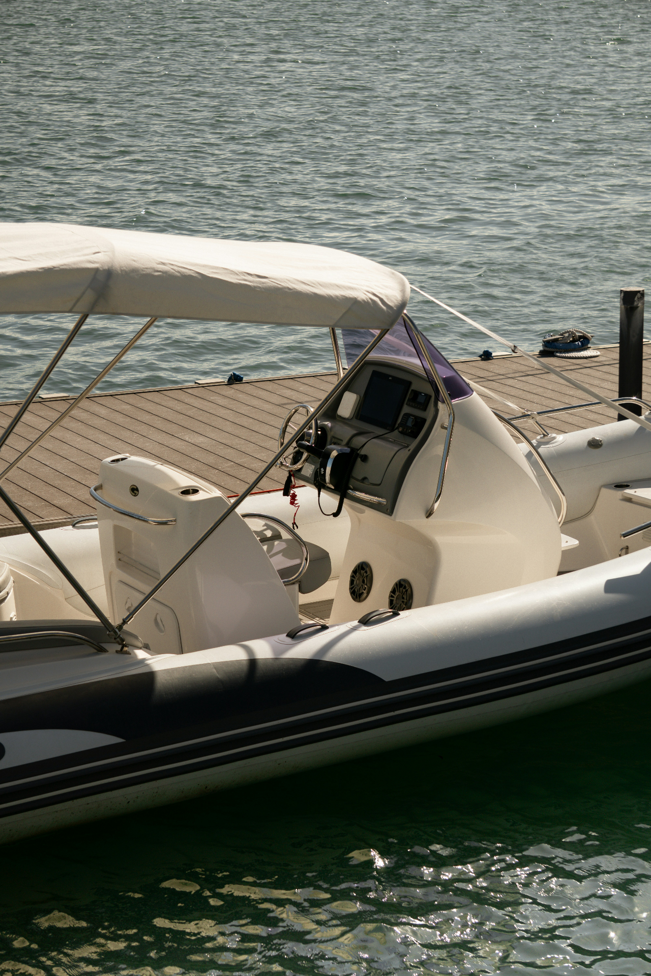 Aerial view of a RIB on the deep blue Gulf of Corinth